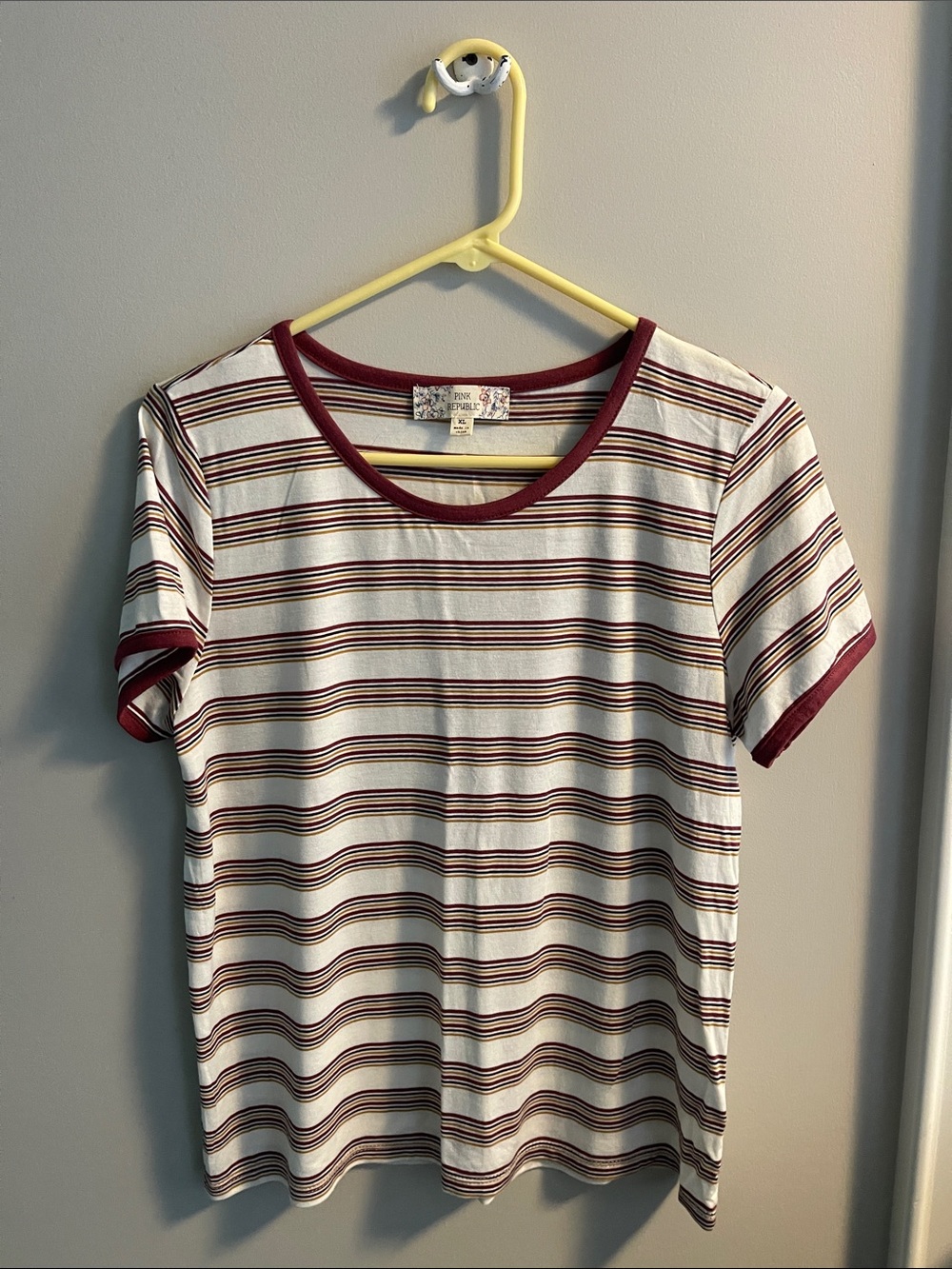 Pink Republic Cream Tee with Burgundy Stripes and Trim